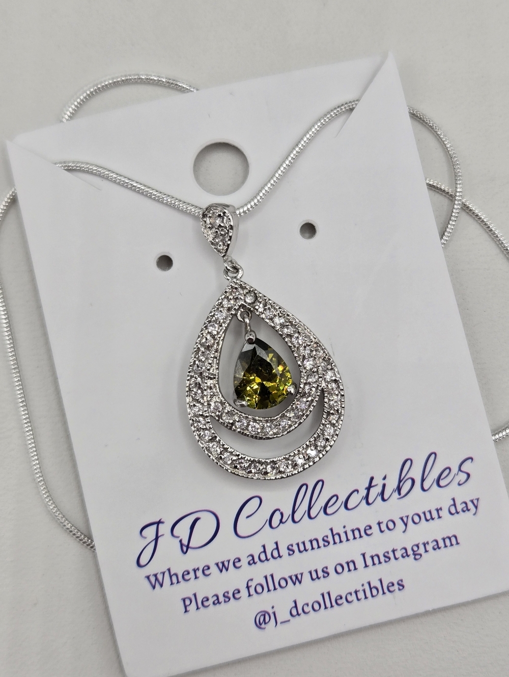 Swarovski Crystal Elements Silver Teardrop Necklace Dark Peridot Green 20 inch